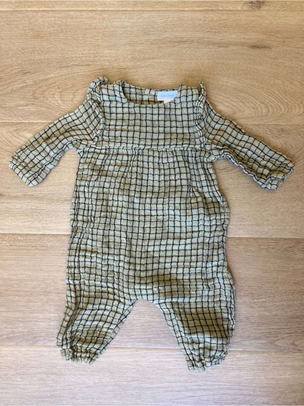 Angel Dear Olive Green and Black Checkered Plaid Baby Muslin Jumpsuit